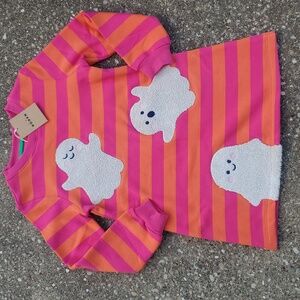 Mini Boden Striped Pink Orange Ghost Halloween Sweatshirt Dress 5-6 New